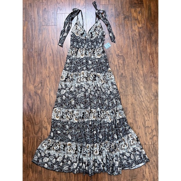 Free People • Let's Smock About It Maxi Slip dress black floral print tiered - Picture 2 of 15